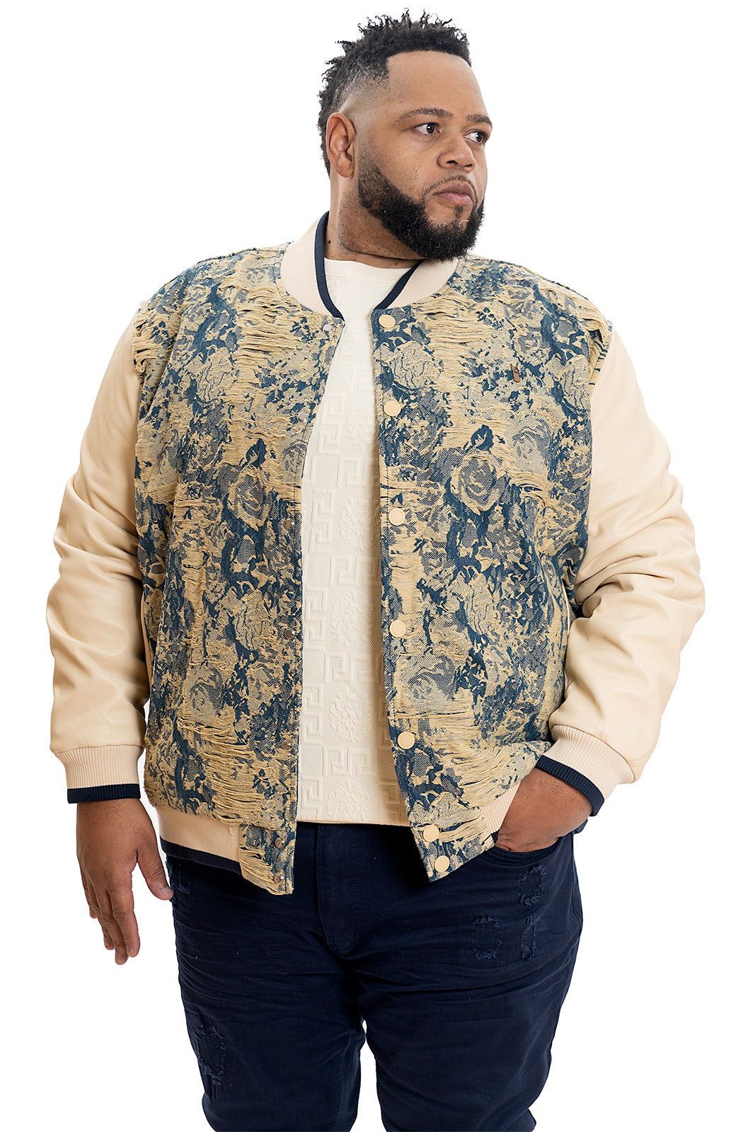 Makobi M1096 Veroma Tapestry Varsity Jacket in Khaki, view 2