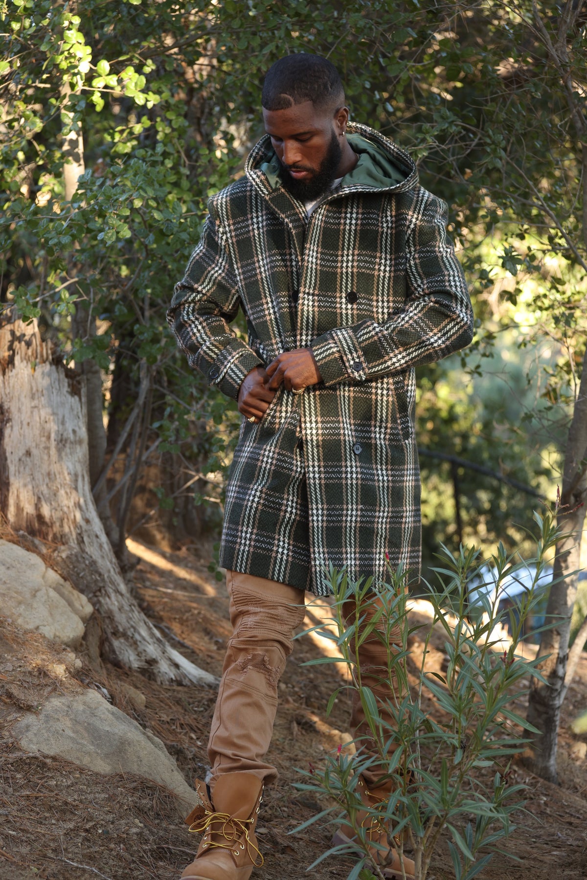 Makobi M4044 Gilbert Plaid Wool Hooded Coat in Green