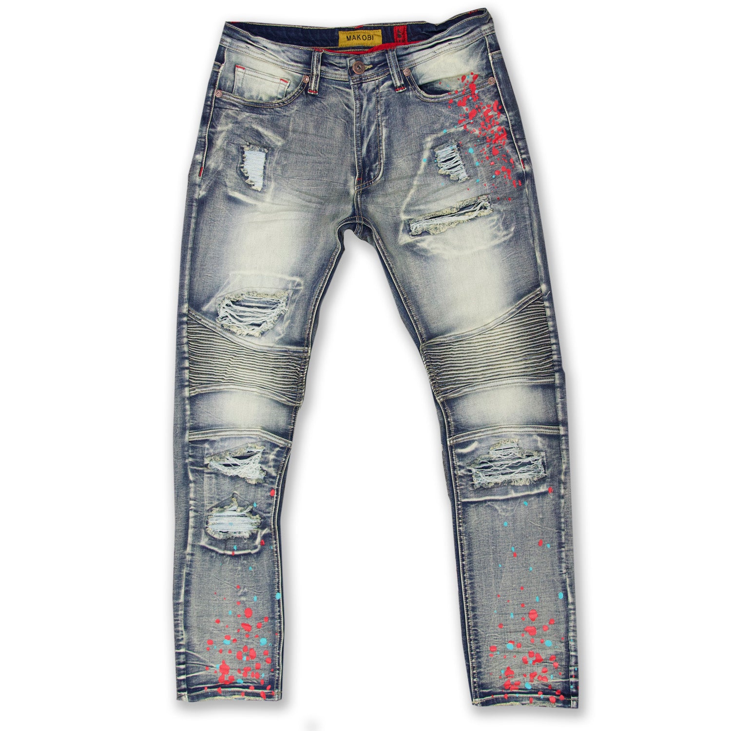 M1783 Makobi Cape Biker Jeans with Paint Splash - Dirt Wash