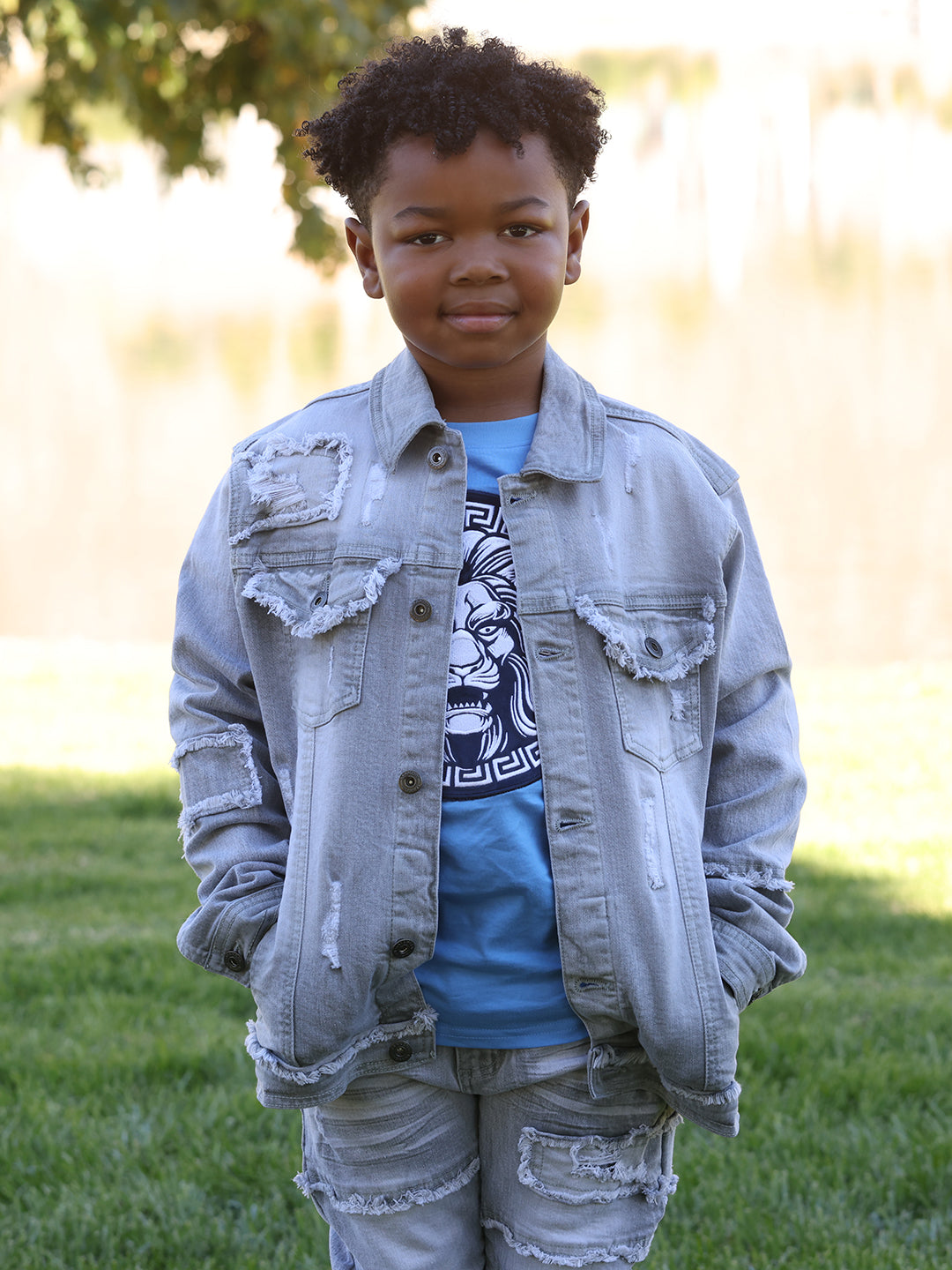 Makobi B1026 Kids Bergamo Denim Jacket in Gray, view 3