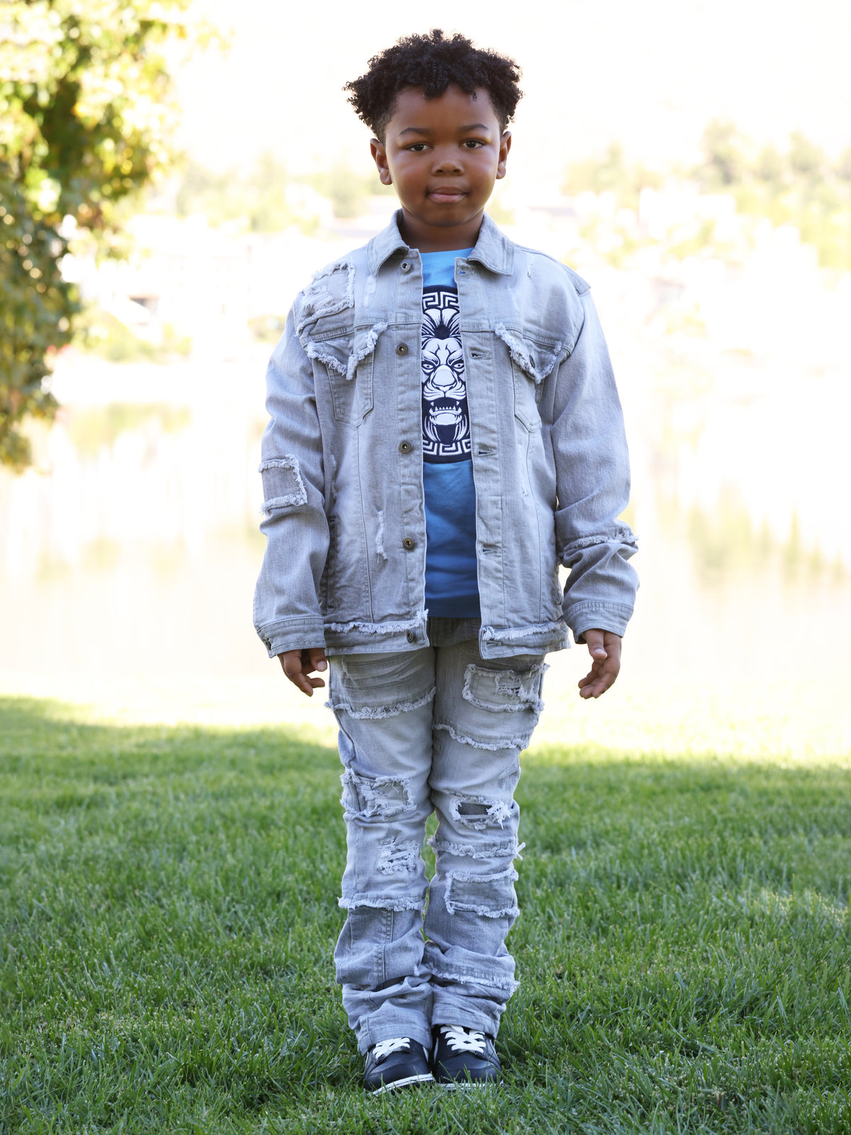 Makobi B1026 Kids Bergamo Denim Jacket in Gray, view 2