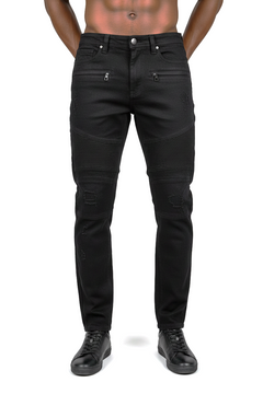 M1786 Makobi Prado Biker Jeans with Rip & Repair - Black/Black