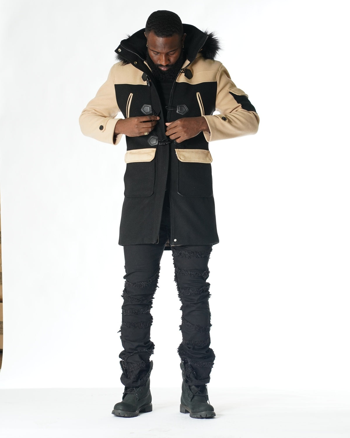 F1330 Maurice Wool Long Jacket w/ Fur- Black/Khaki