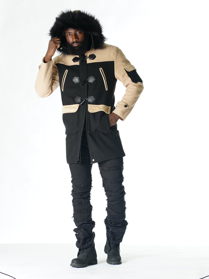 ژاکت بلند پشمی موریس F1330 با خز- مشکی/خاکی