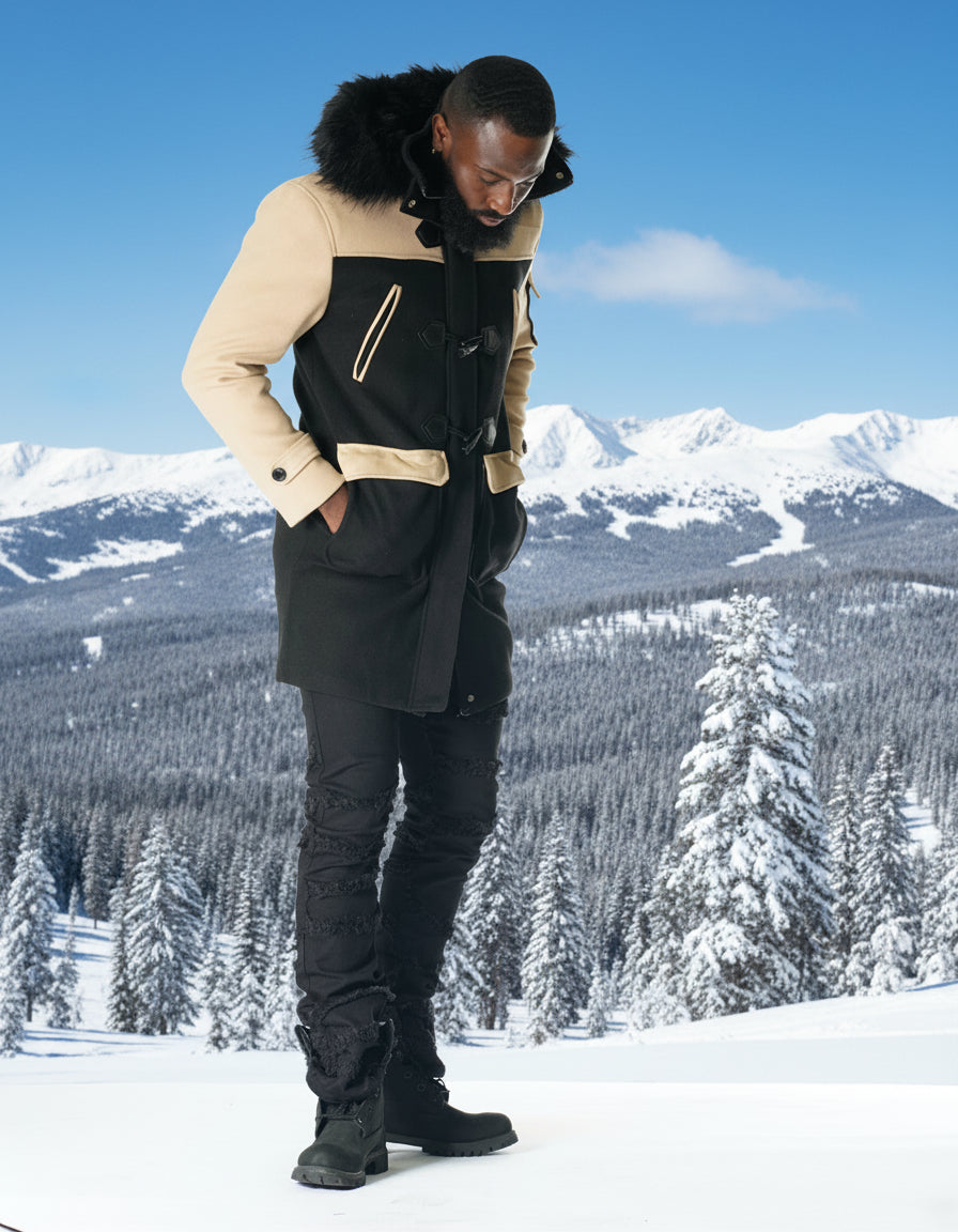 F1330 Maurice Wool Long Jacket w/ Fur- Black/Khaki