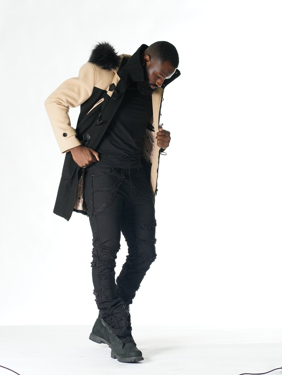 ژاکت بلند پشمی موریس F1330 با خز- مشکی/خاکی