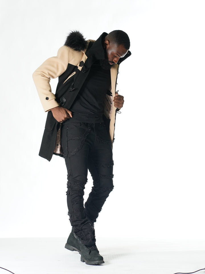 ژاکت بلند پشمی موریس F1330 با خز- مشکی/خاکی