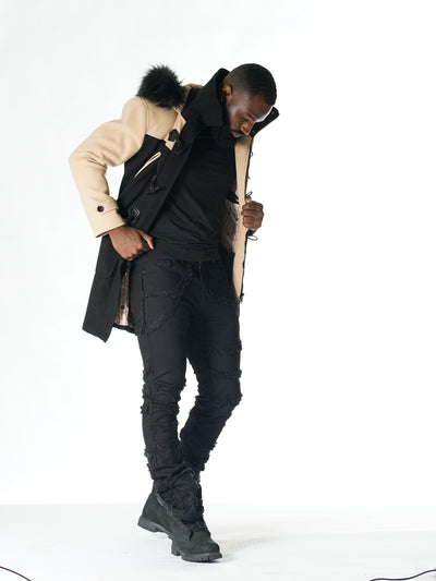 F1330 Maurice Wool Long Jacket w/ Fur- Black/Khaki