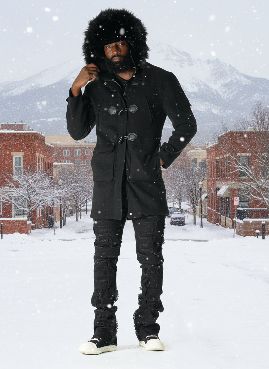 F1330 Maurice Wool Long Jacket w/ Fur- Black