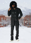 F1330 Maurice Wool Long Jacket w/ Fur- Black