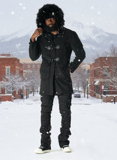 F1330 Maurice Wool Long Jacket w/ Fur- Black