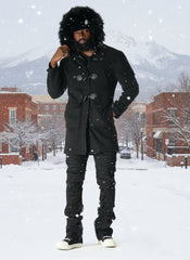 F1330 Maurice Wool Long Jacket w/ Fur- Black