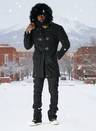 F1330 Maurice Wool Long Jacket w/ Fur- Black