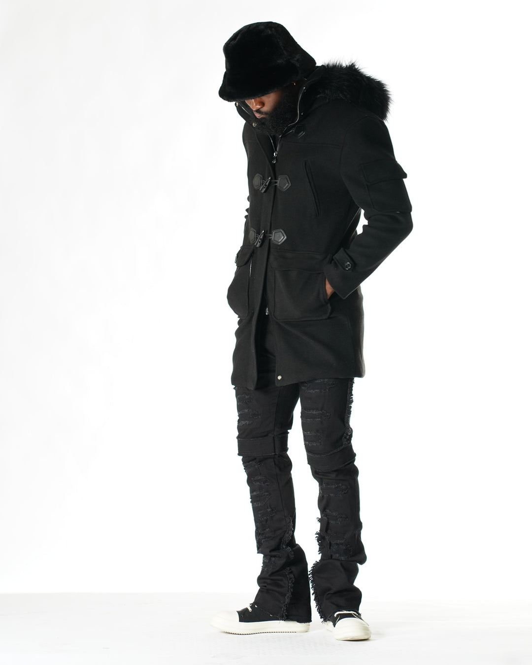 F1330 Maurice Wool Long Jacket w/ Fur- Black