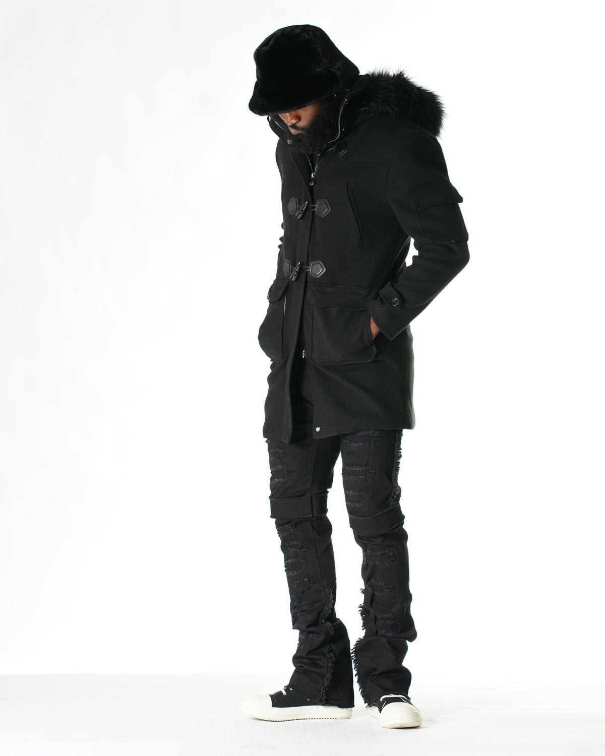 F1330 Maurice Wool Long Jacket w/ Fur- Black