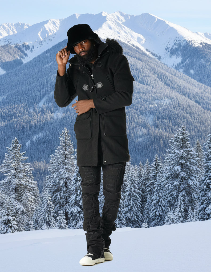 F1330 Maurice Wool Long Jacket w/ Fur- Black