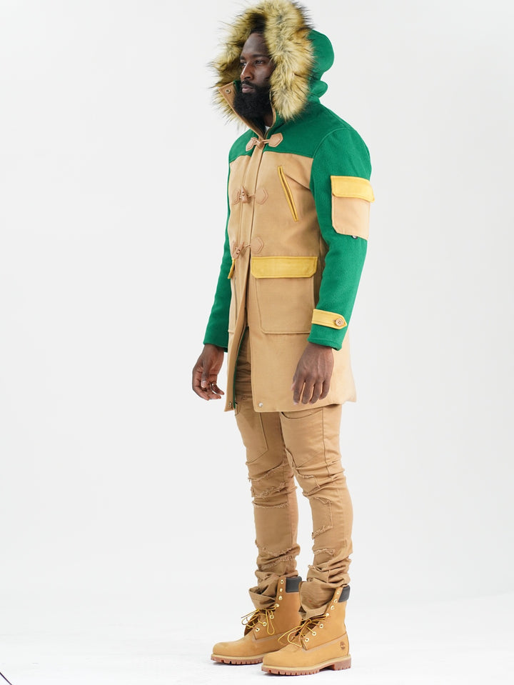 F1330 Maurice Wool Long Jacket w/ Fur- Green