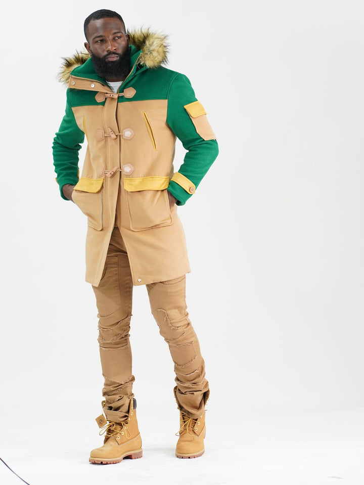 F1330 Maurice Wool Long Jacket w/ Fur- Green