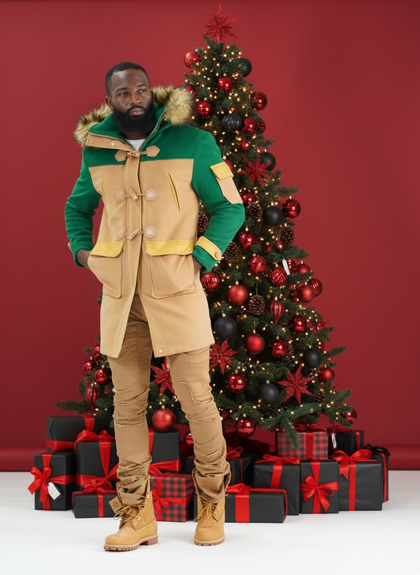 F1330 Maurice Wool Long Jacket w/ Fur- Green