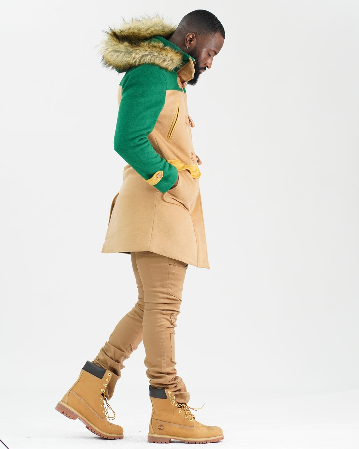 F1330 Maurice Wool Long Jacket w/ Fur- Green