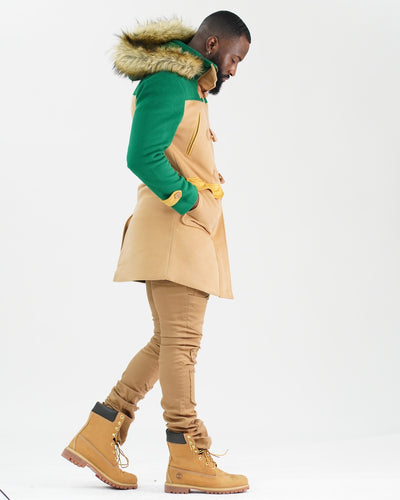 F1330 Maurice Wool Long Jacket w/ Fur- Green