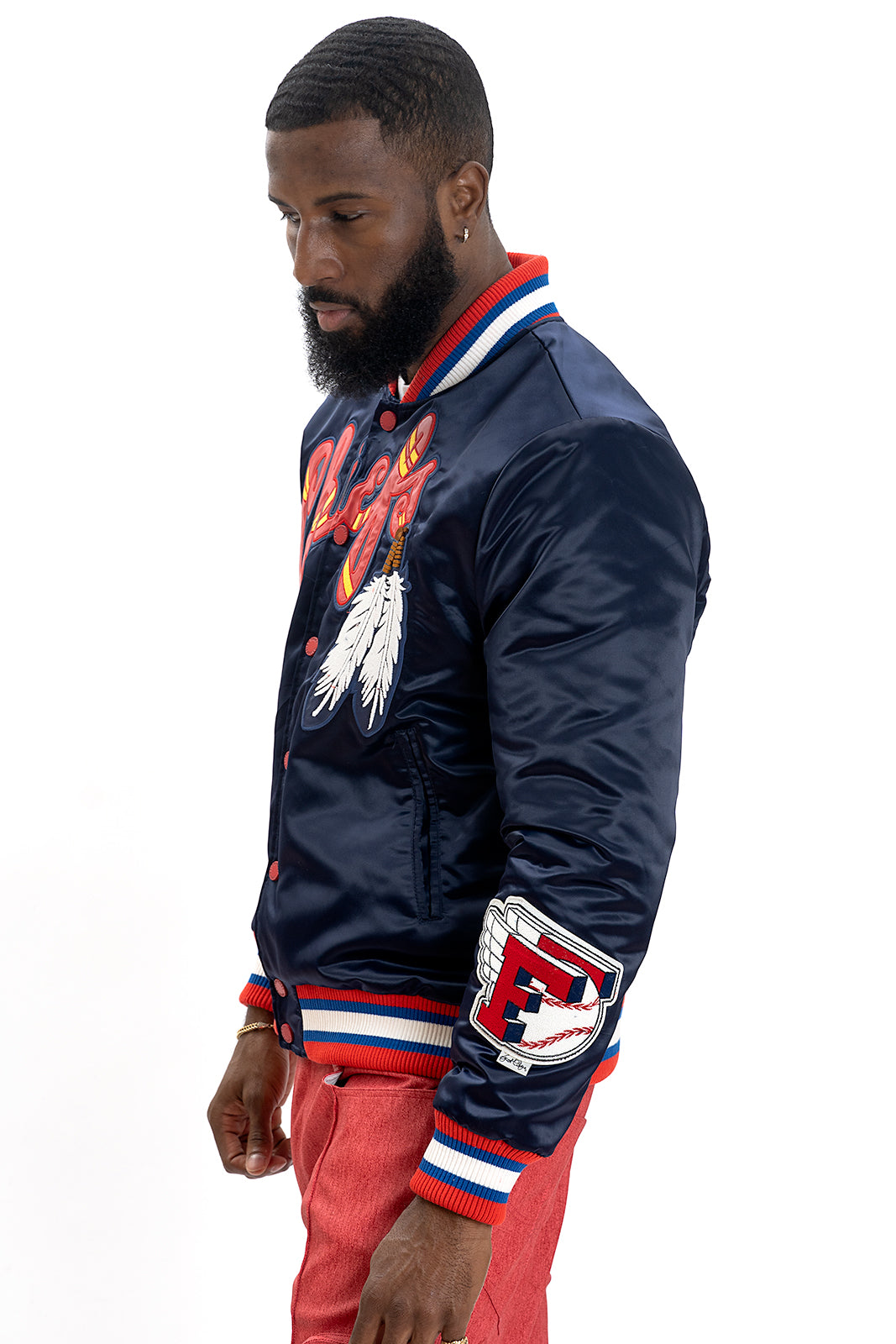 F1057 Chiefs Satin Varsity Jacket - Navy