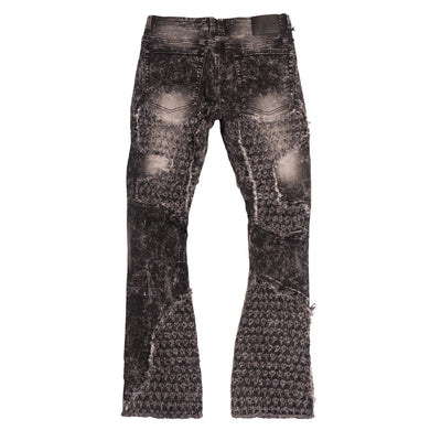 F1723 Tattered Denim Stacked  Jeans - Black