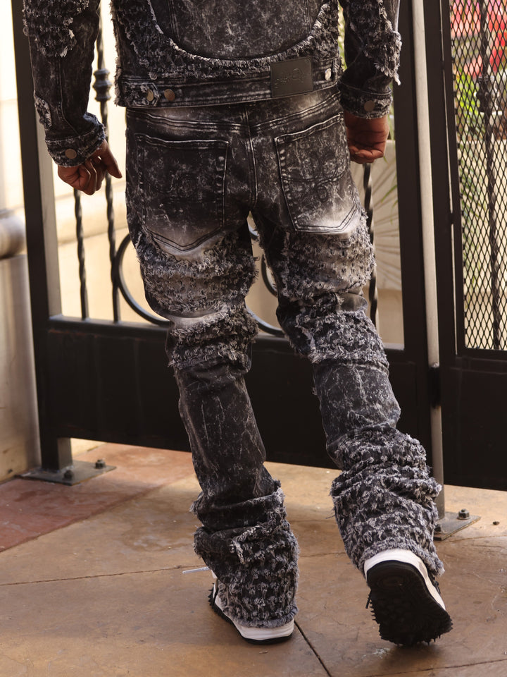 F1723 Tattered Denim Stacked  Jeans - Black