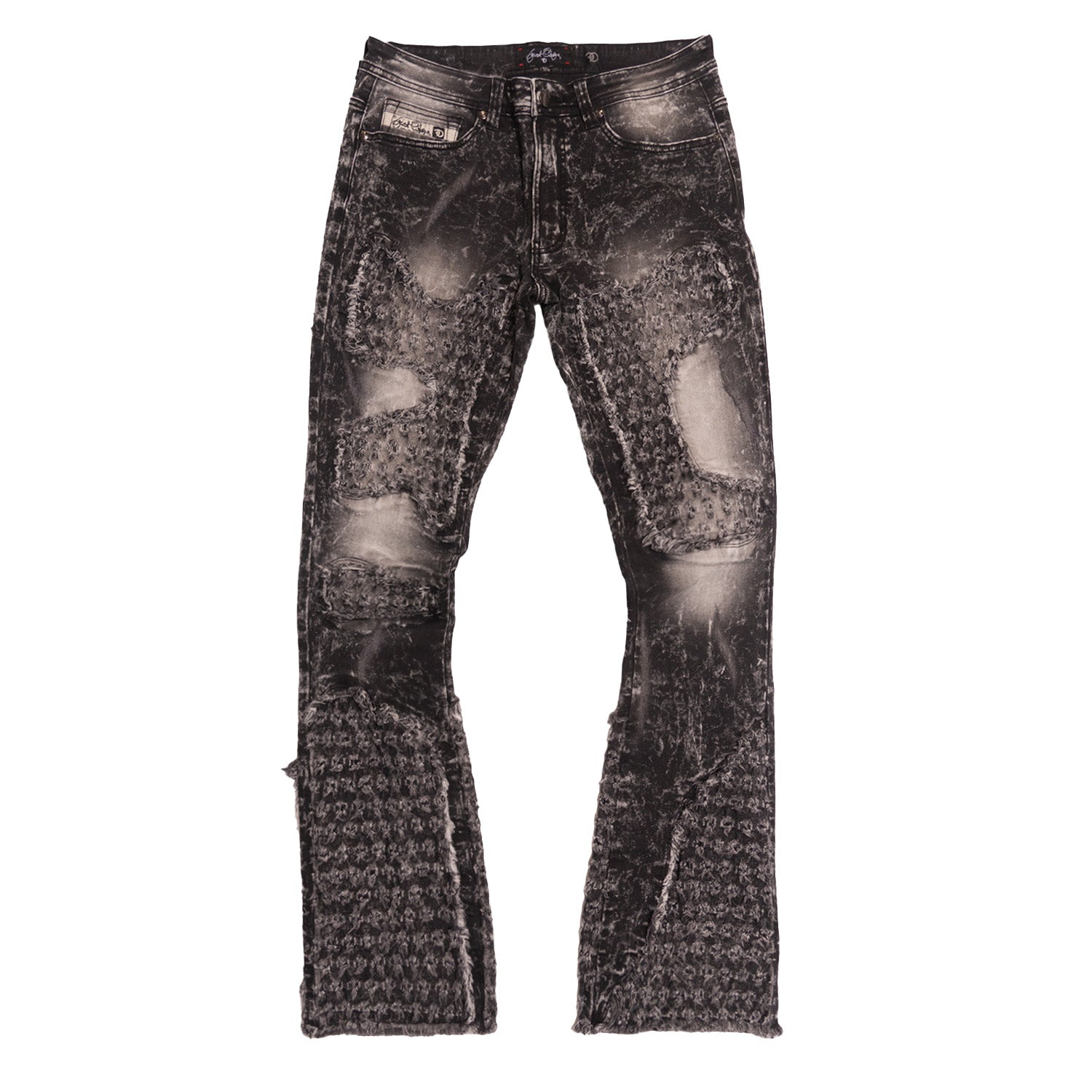F1723 Tattered Denim Stacked Jeans - Black