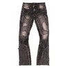 F1723 Tattered Denim Stacked Jeans - Black