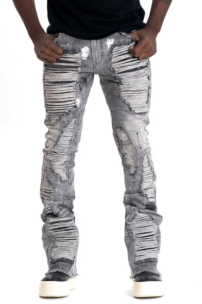 F1772 Basel Distressed Stacked Jeans - Gray