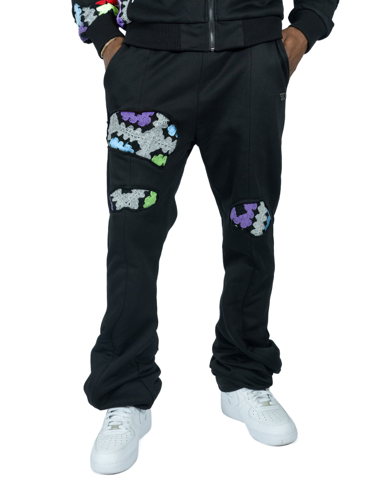 Makobi F5709 Castello Crochet Stacked Jogger Set in Black, view 5