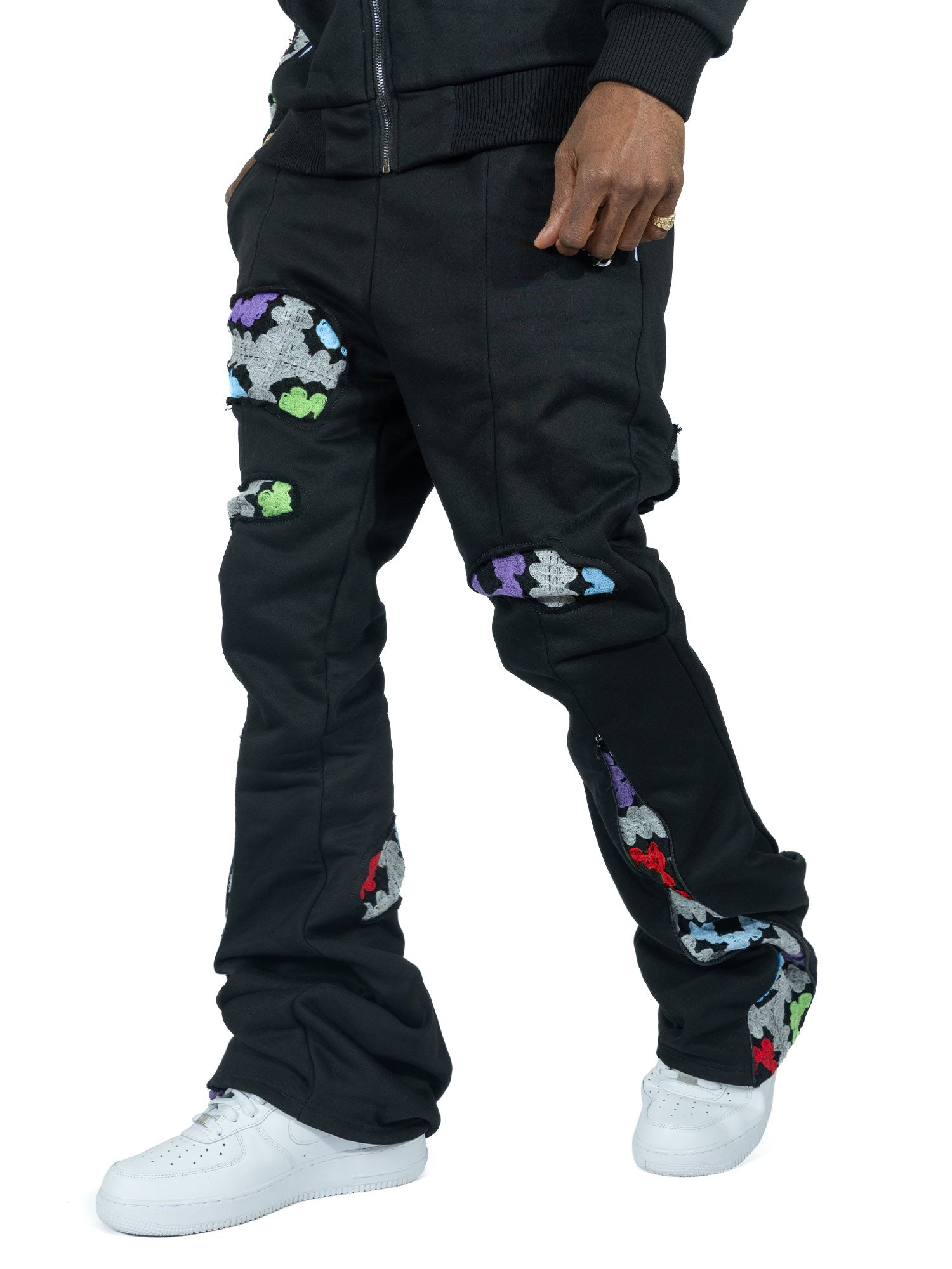Makobi F5709 Castello Crochet Stacked Jogger Set in Black, view 6