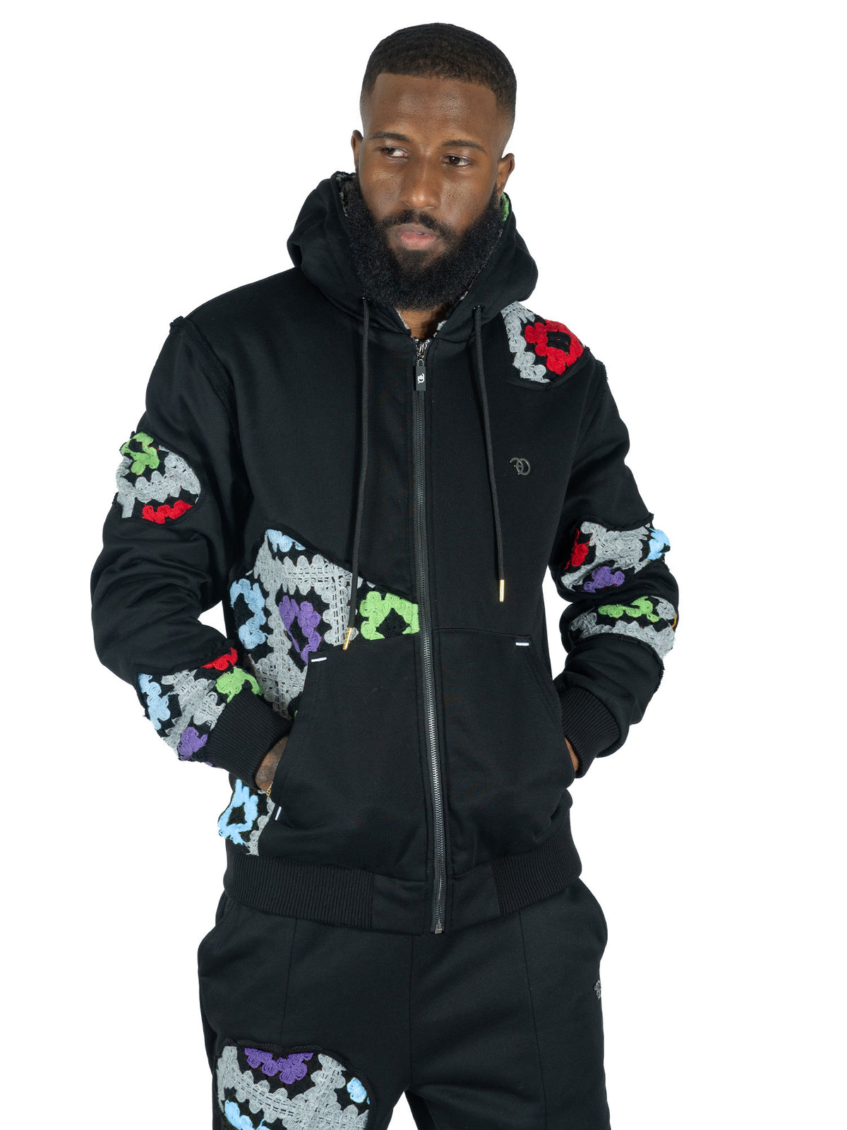 Makobi F5709 Castello Crochet Stacked Jogger Set in Black, view 3