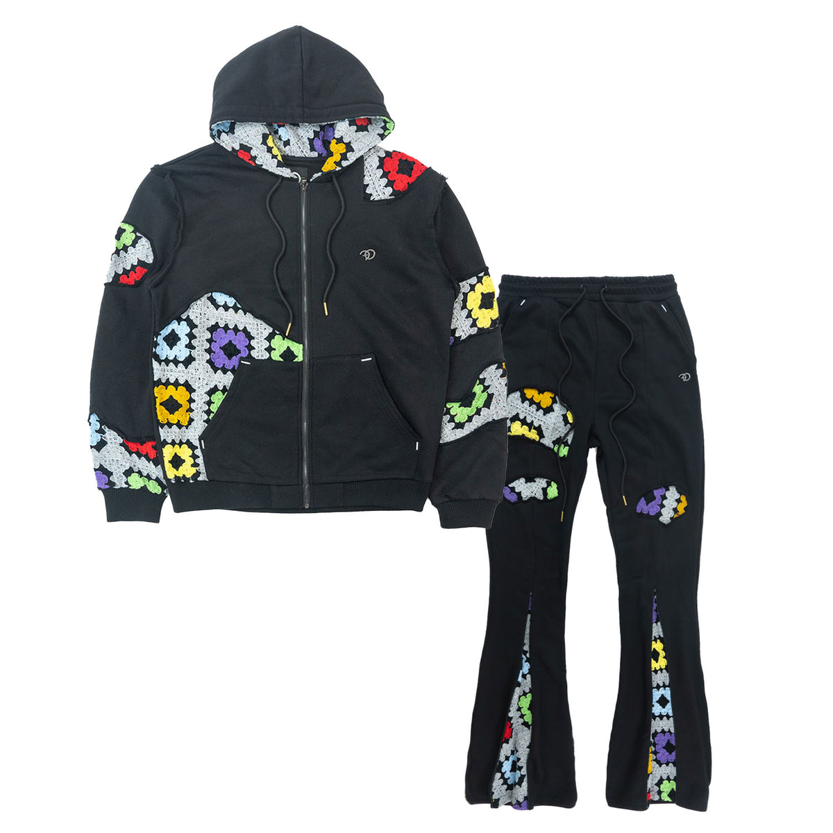 Makobi F5709 Castello Crochet Stacked Jogger Set in Black, view 2