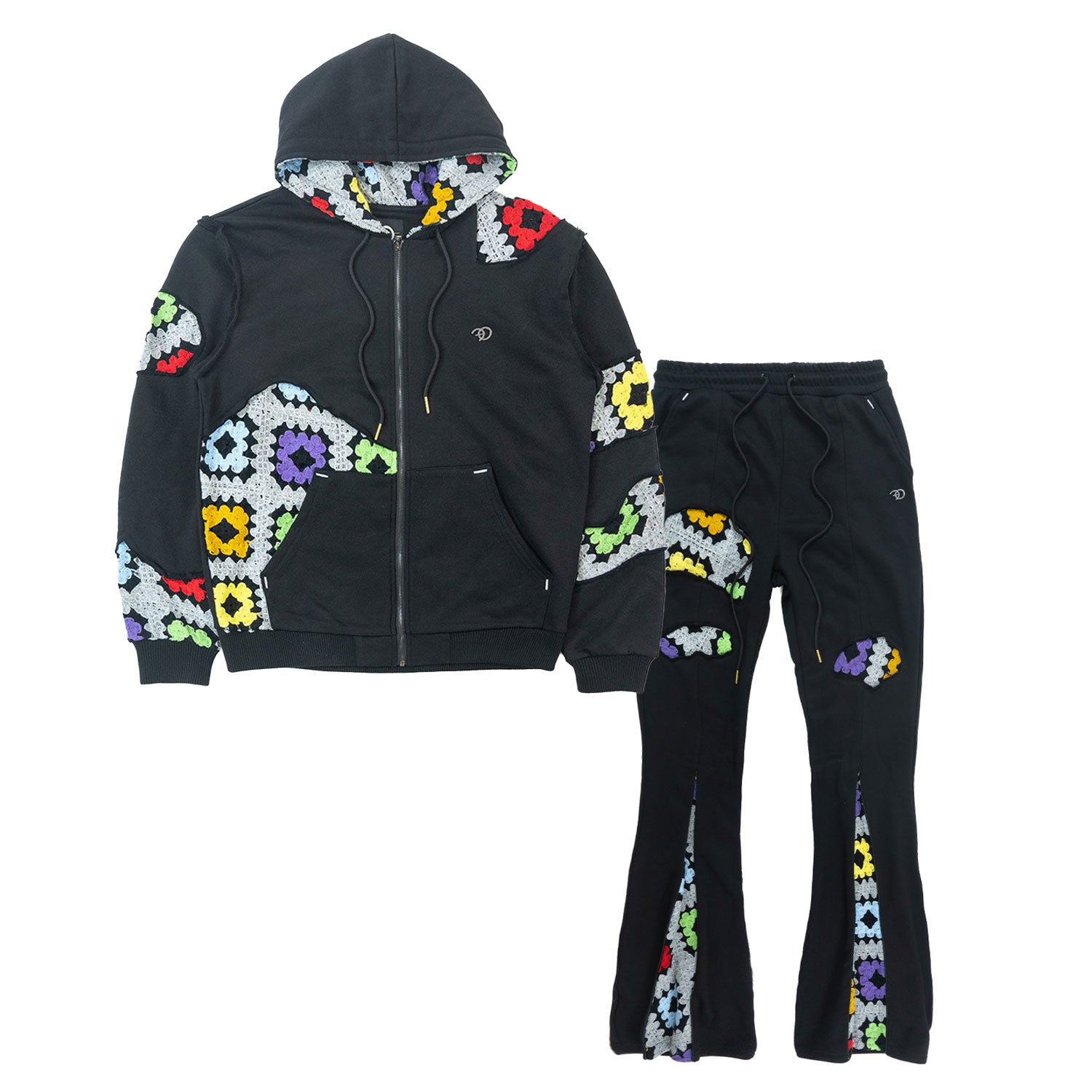 Makobi F5709 Castello Crochet Stacked Jogger Set in Black, view 2