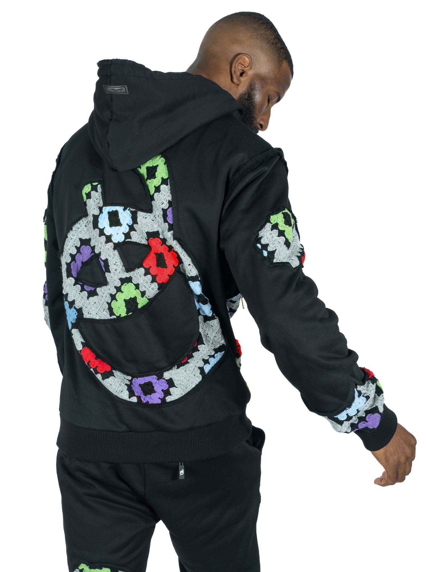 Makobi F5709 Castello Crochet Stacked Jogger Set in Black, view 4