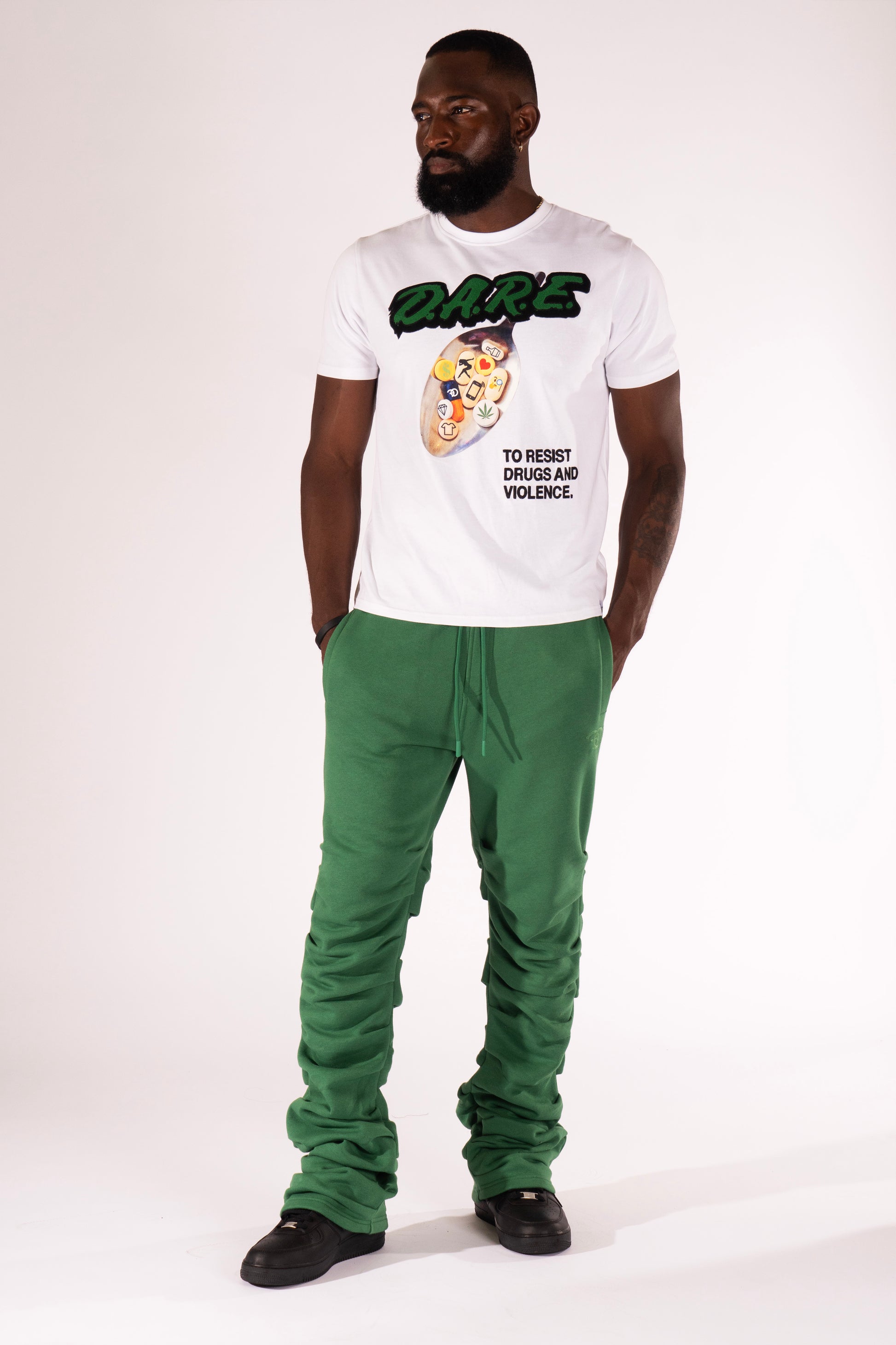 Makobi F6220 Malik Stacked Sweatpants in Green, view 2