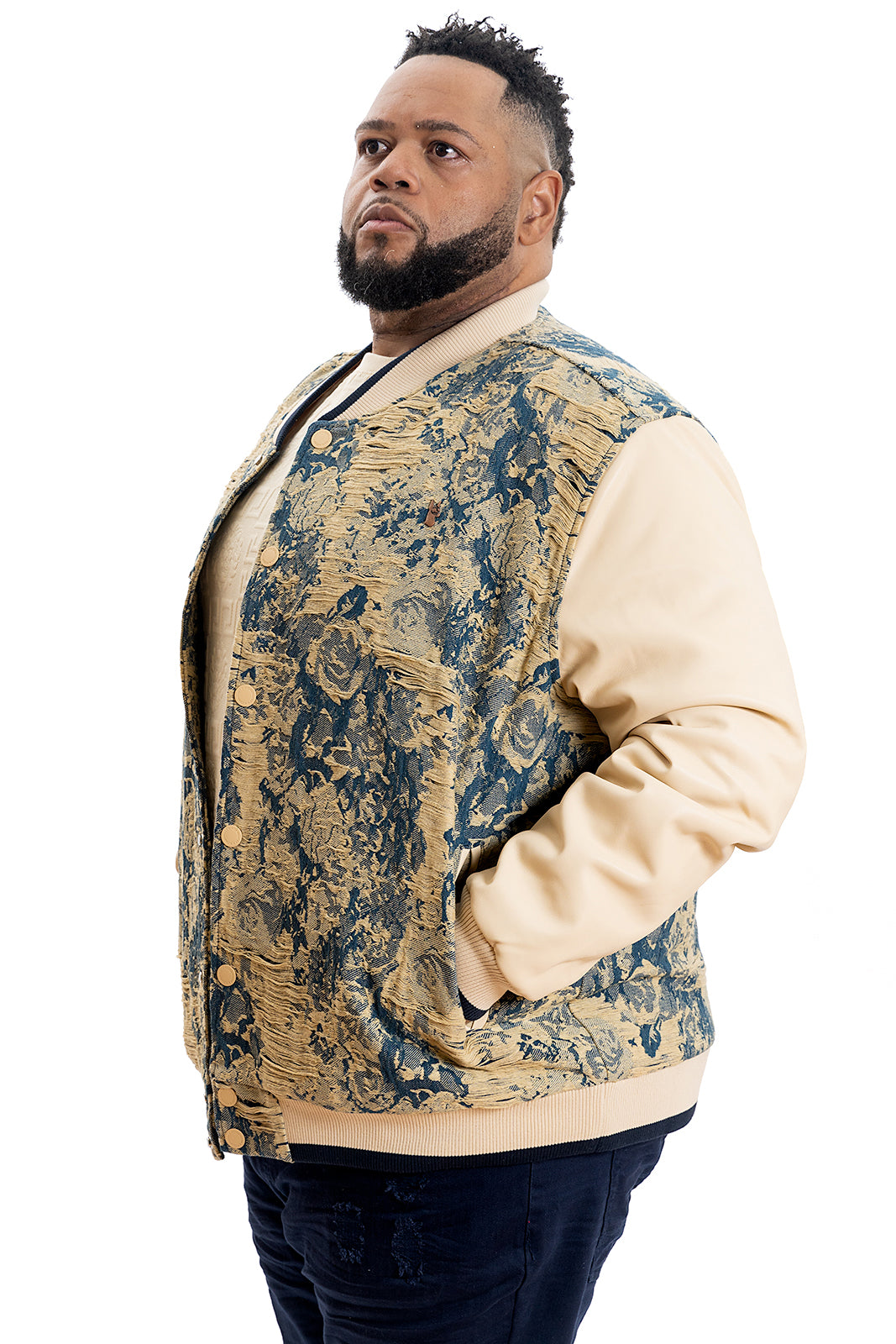 Makobi M1096 Veroma Tapestry Varsity Jacket in Khaki, view 3