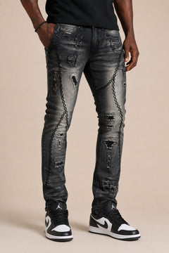 M1926 - Makobi mojuto Denimu Biker sokoto - Burgundy