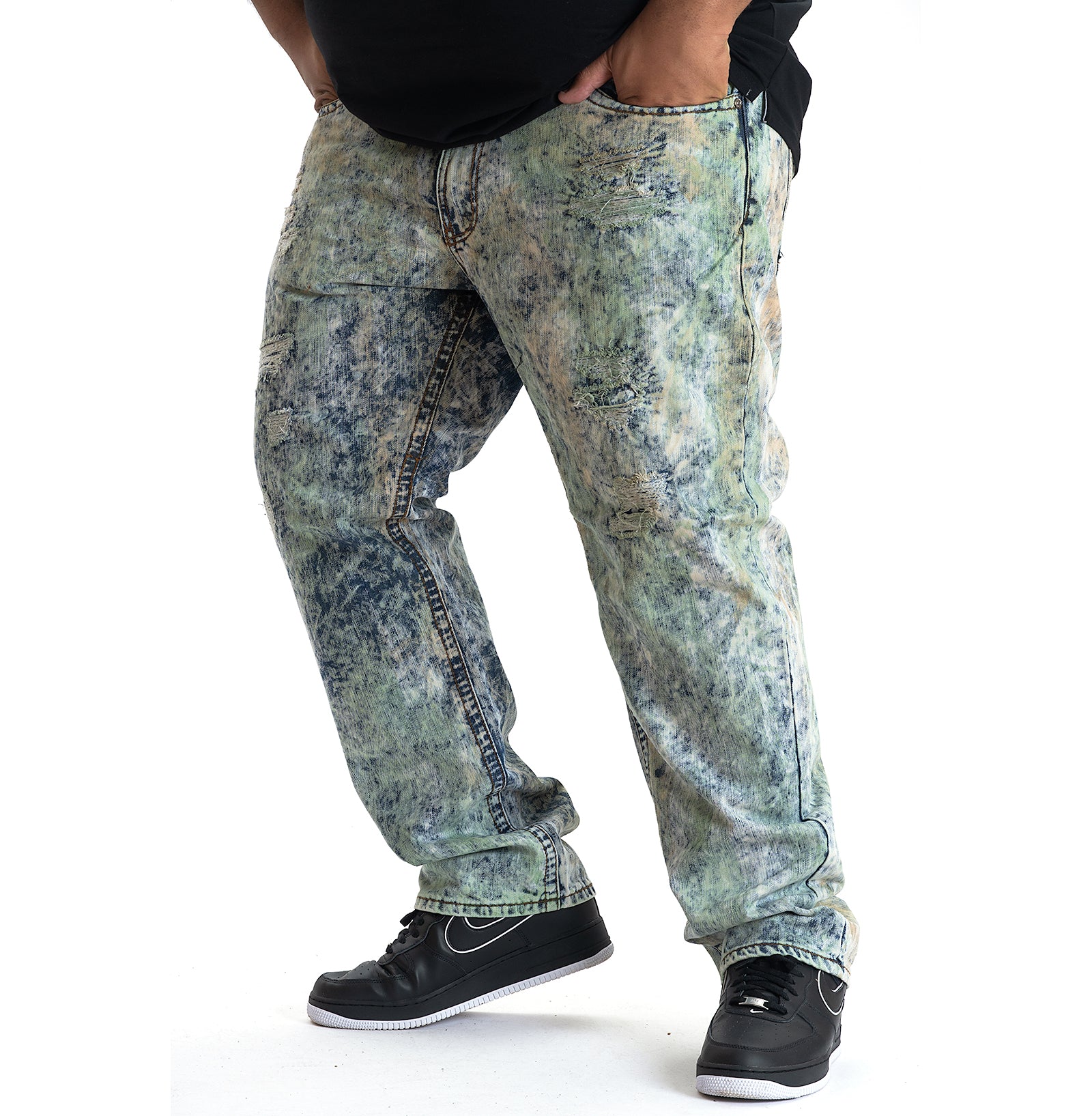 Makobi M1778 Marbleized Ripped Jeans in Mint