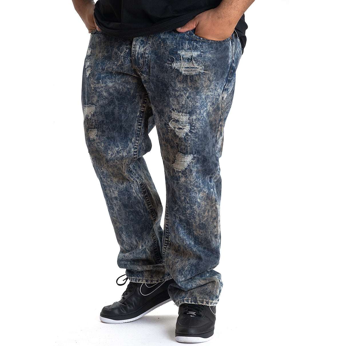 Makobi M1778 Marbleized Ripped Jeans in Navy
