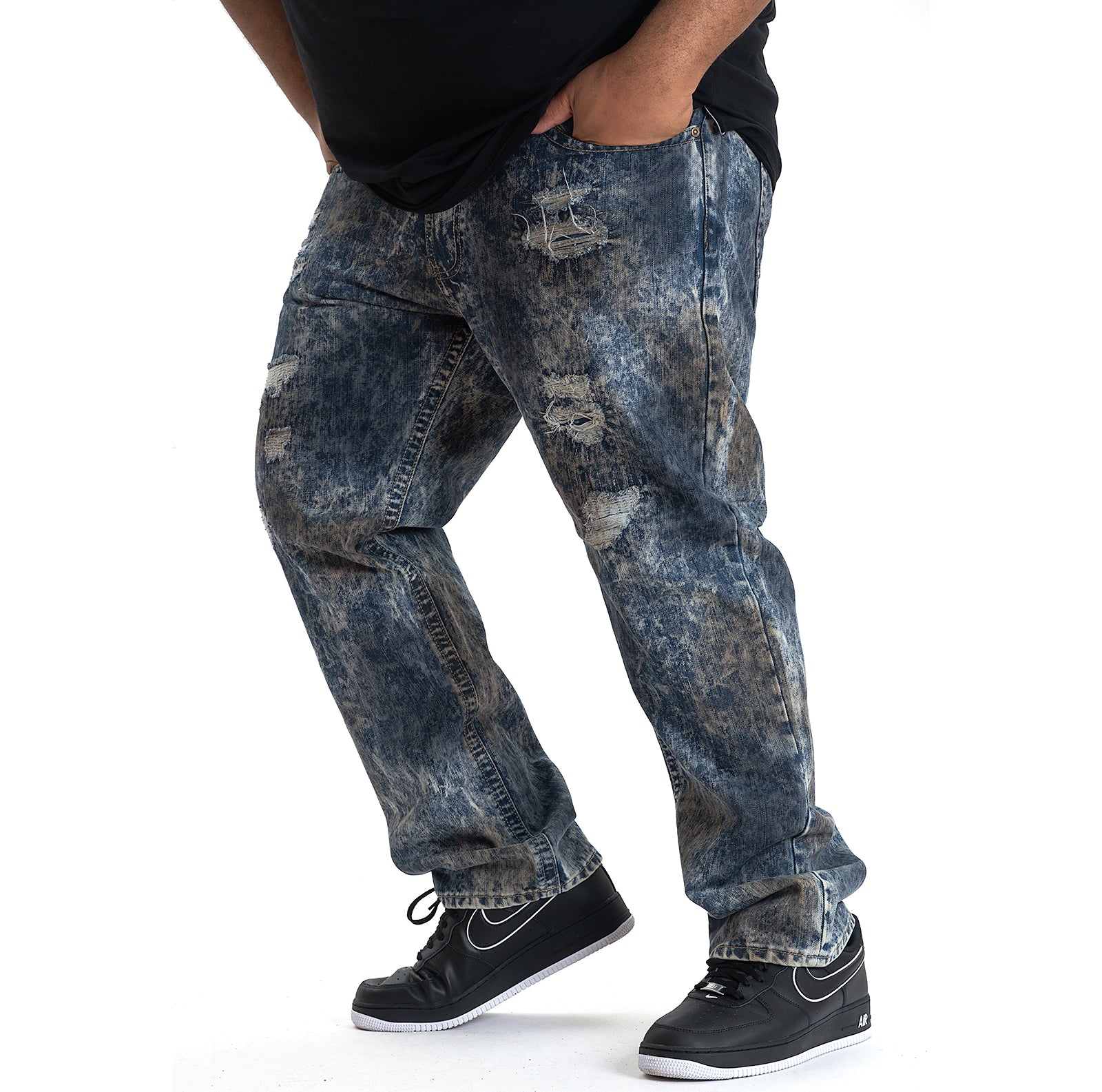 Makobi M1778 Marbleized Ripped Jeans in Navy, view 3