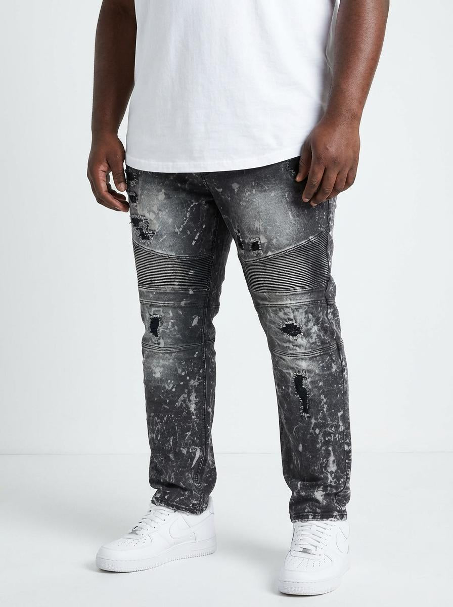 M1779 Makobi Biker Jeans with Rip Damages  - Black