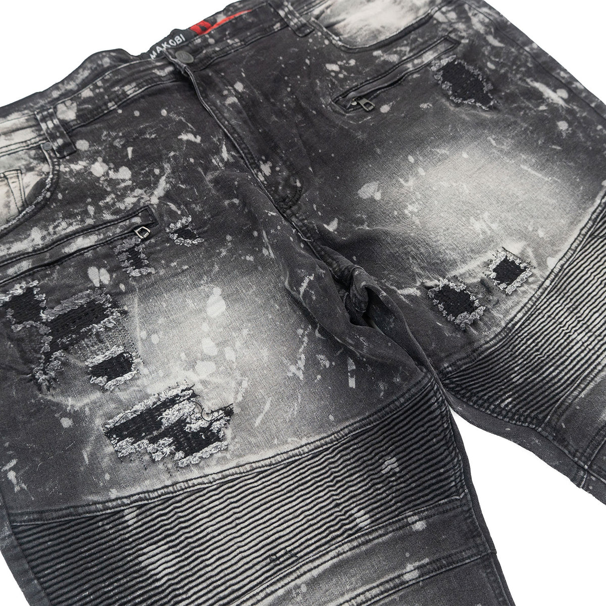 M1779 Makobi Biker Jeans with Rip Damages  - Black