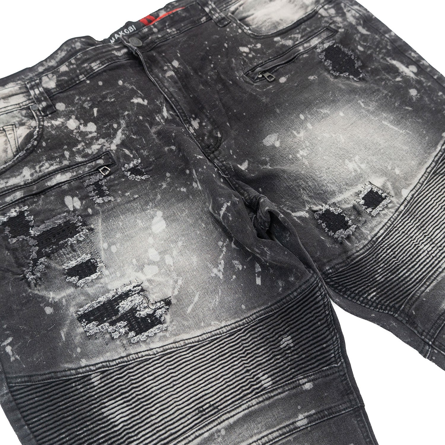 M1779 Makobi Biker Jeans with Rip Damages  - Black