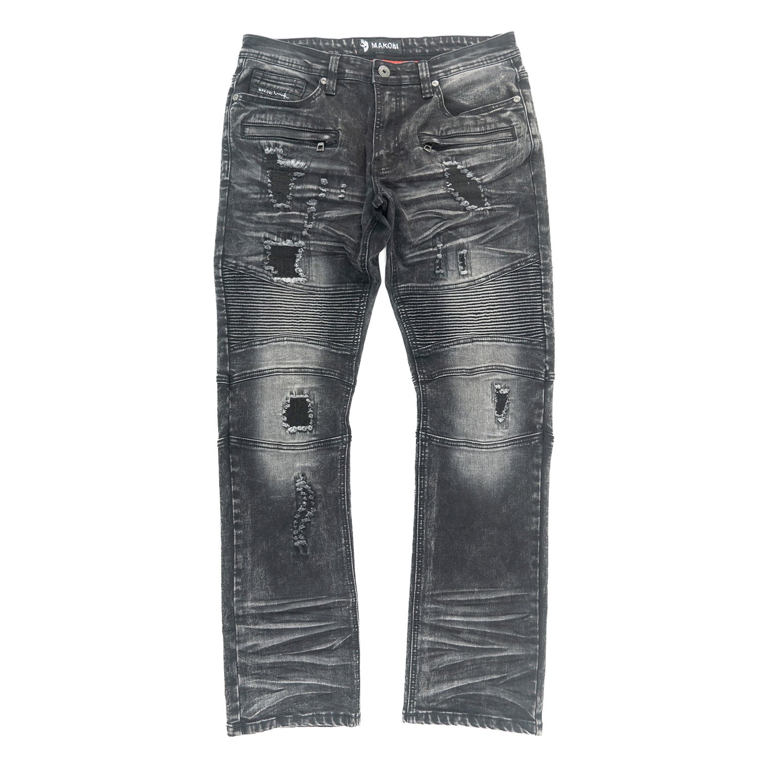 M1786 Makobi Prado Biker Jeans with Rip & Repair - Black Wash