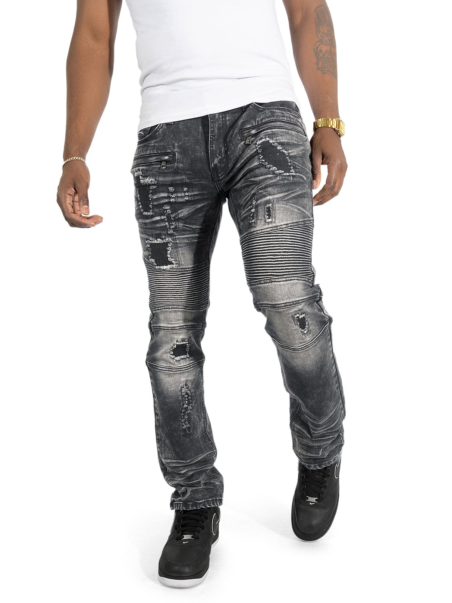 M1786 Makobi Prado Biker Jeans with Rip & Repair - Black Wash
