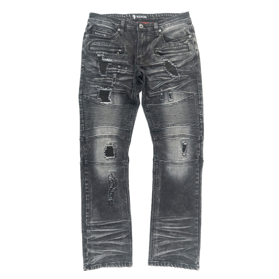 M1786 Makobi Prado Biker Jeans with Rip & Repair - Black Wash