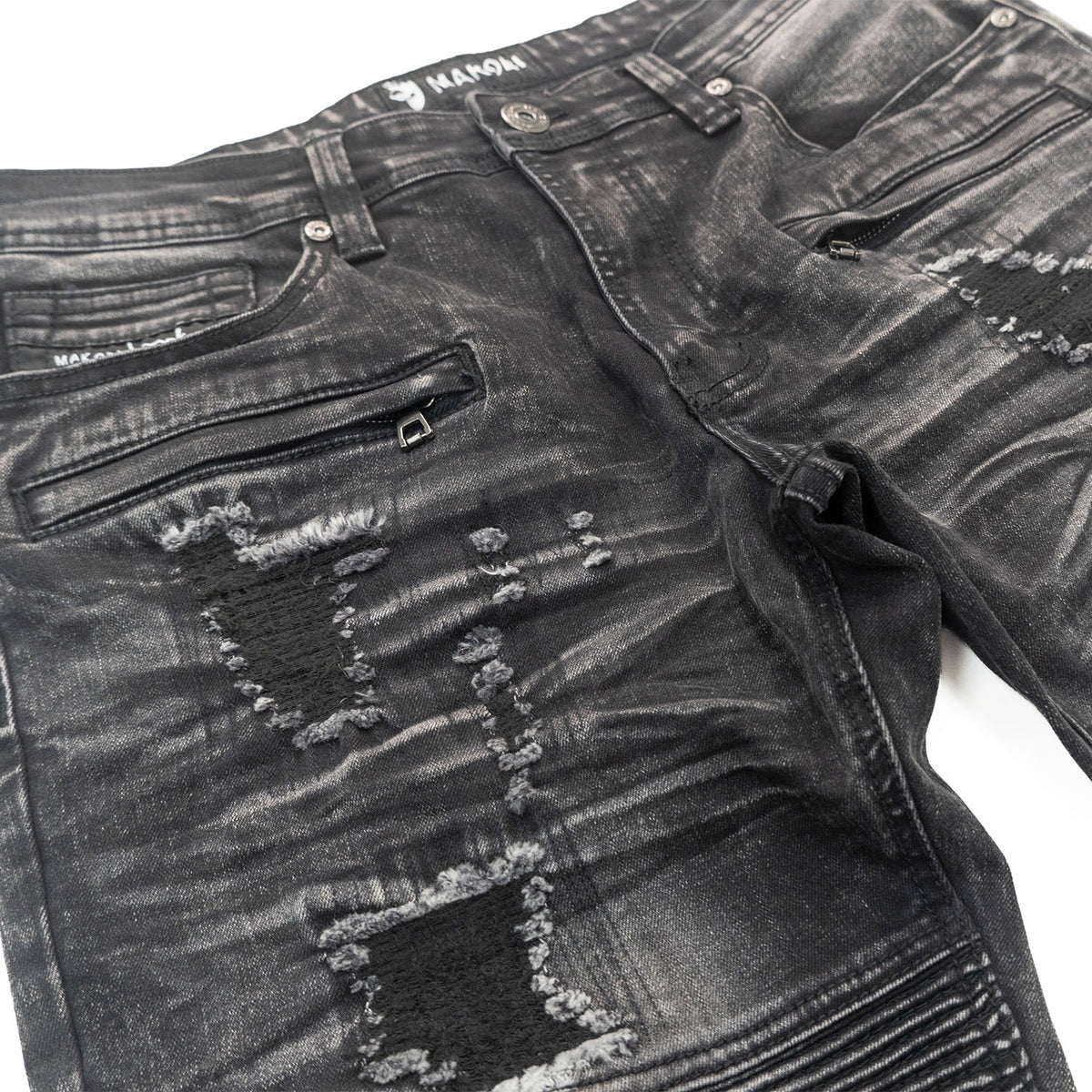 M1786 Makobi Prado Biker Jeans with Rip & Repair - Black Wash